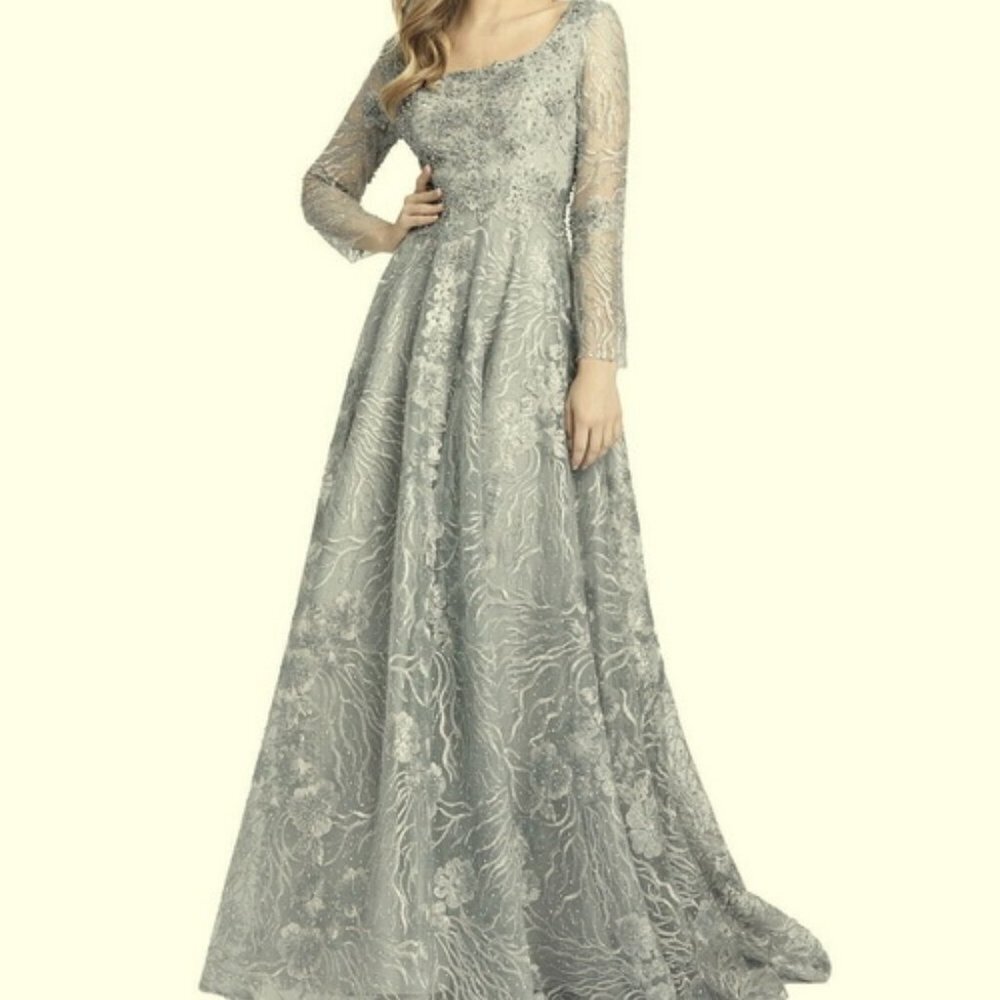 Mac Duggal Dove Gray Long Sleeve Jewel Encrusted Embroidered Gown